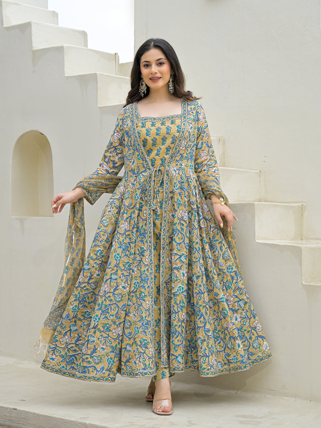 Divena Beige Cotton Hand Block Anarkali Kurta Pant Sets Dupatta with Jecket