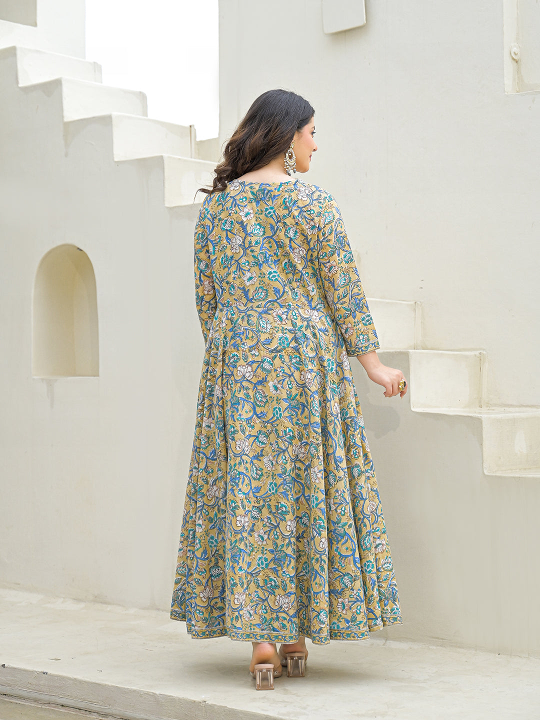 Divena Beige Cotton Hand Block Anarkali Kurta Pant Sets Dupatta with Jecket