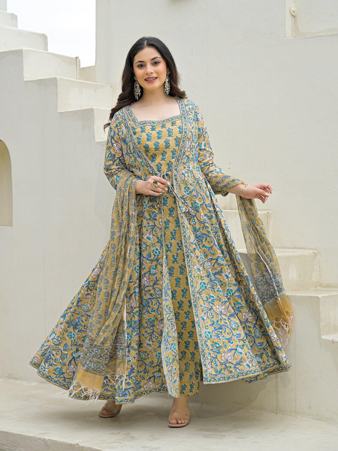 Divena Beige Cotton Hand Block Anarkali Kurta Pant Sets Dupatta with Jecket