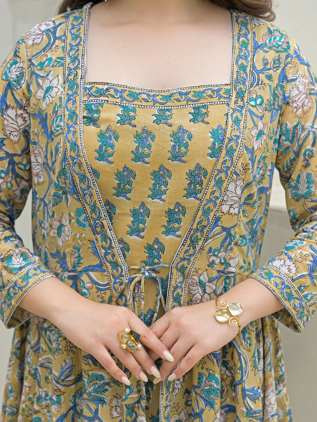 Divena Beige Cotton Hand Block Anarkali Kurta Pant Sets Dupatta with Jecket