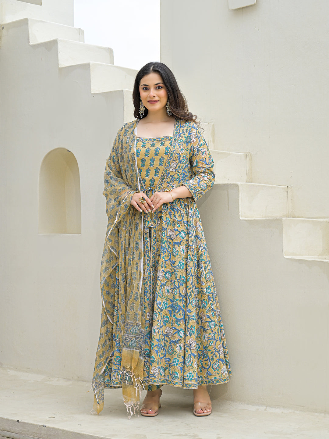 Divena Beige Cotton Hand Block Anarkali Kurta Pant Sets Dupatta with Jecket