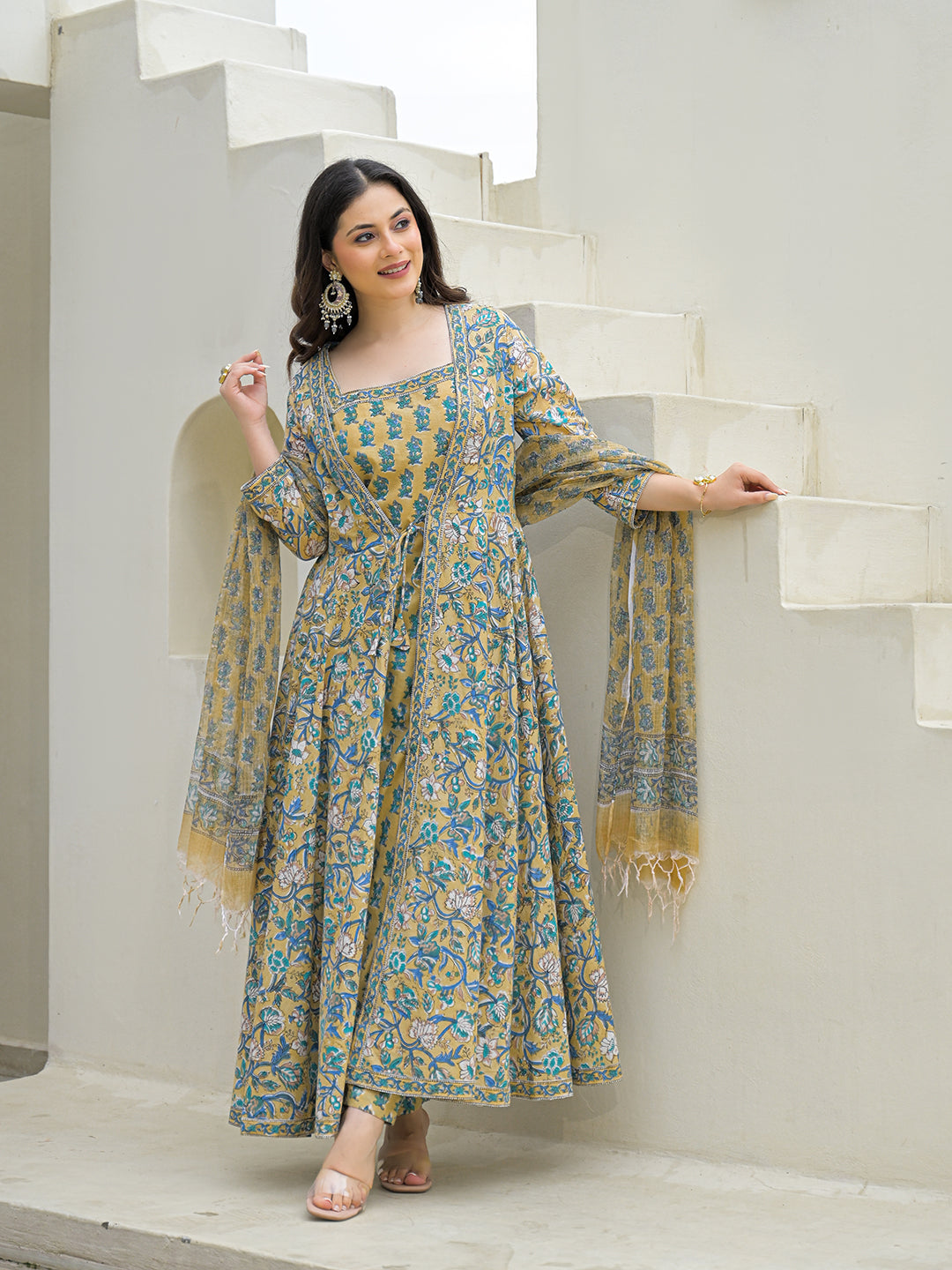 Divena Beige Cotton Hand Block Anarkali Kurta Pant Sets Dupatta with Jecket