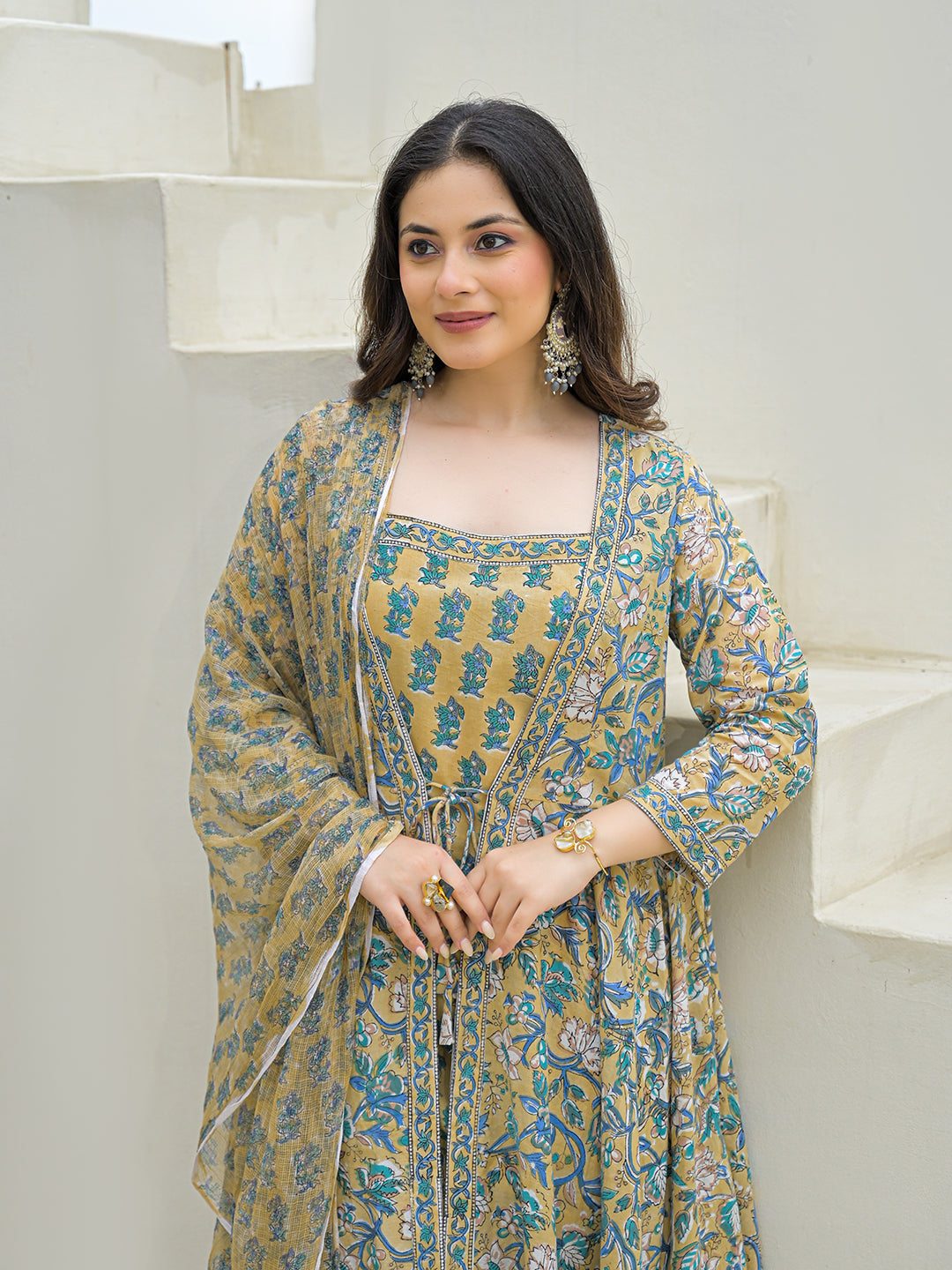 Divena Beige Cotton Hand Block Anarkali Kurta Pant Sets Dupatta with Jecket