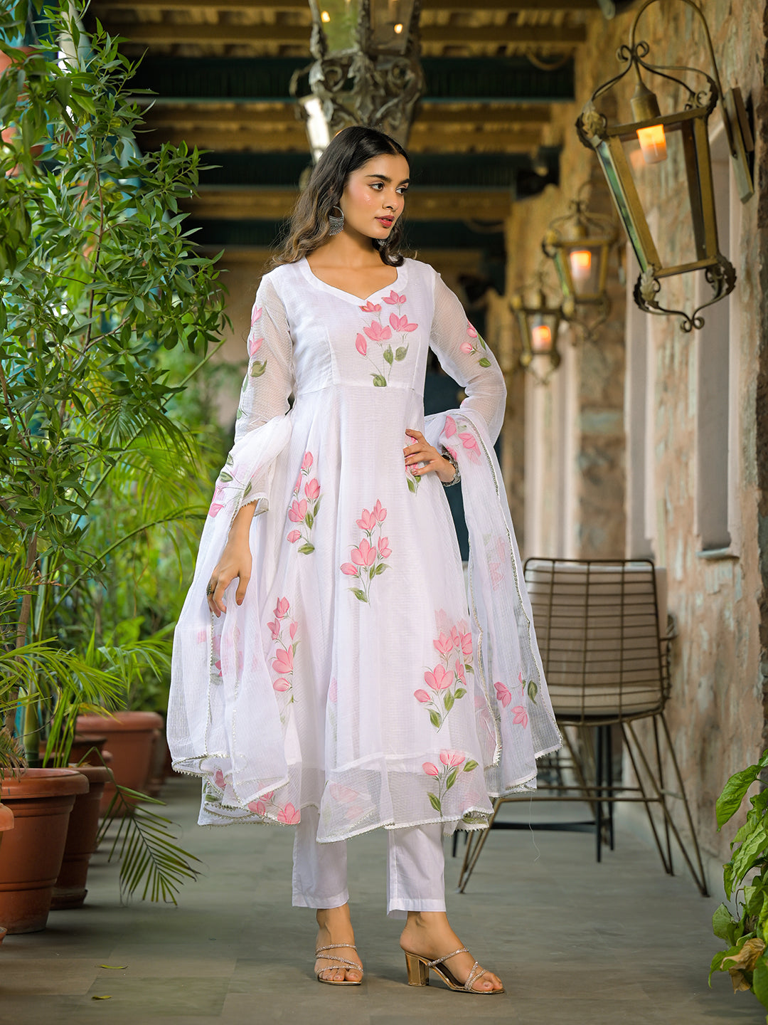Divena White Hand Painted Kota Doria Anarkali Kurta Sets With Dupatta