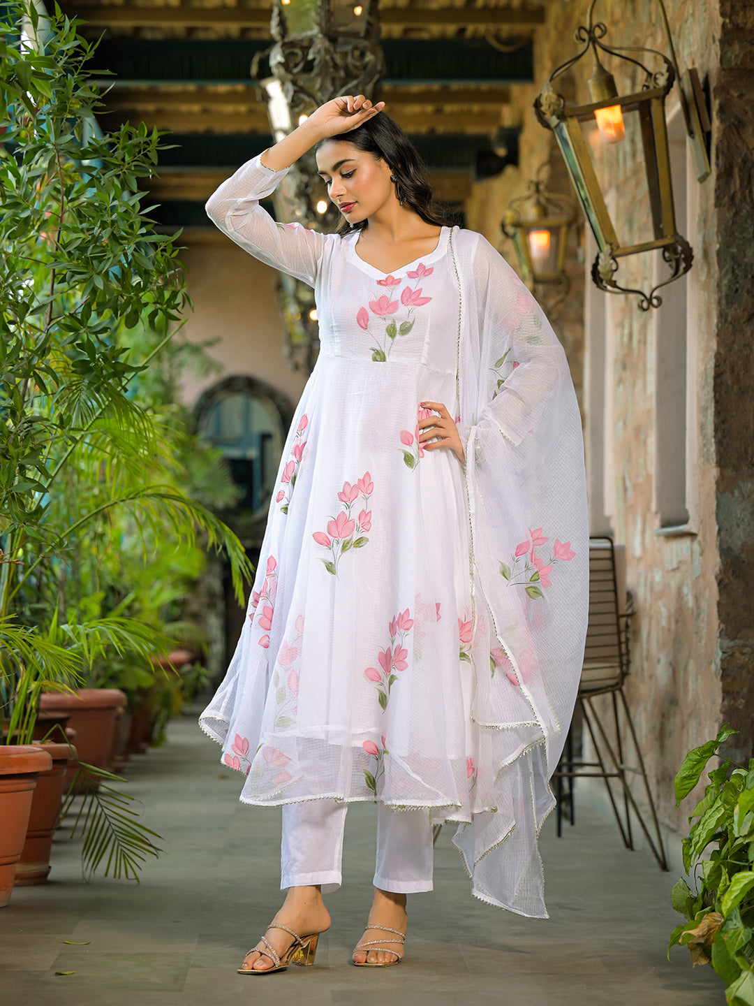 Divena White Hand Painted Kota Doria Anarkali Kurta Sets With Dupatta