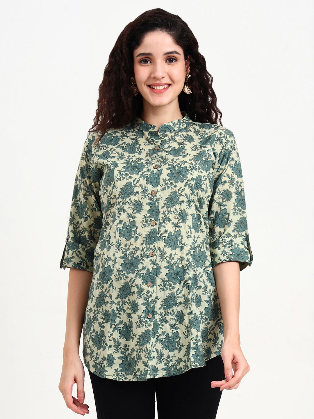 Divena Green Floral Print Cotton Top