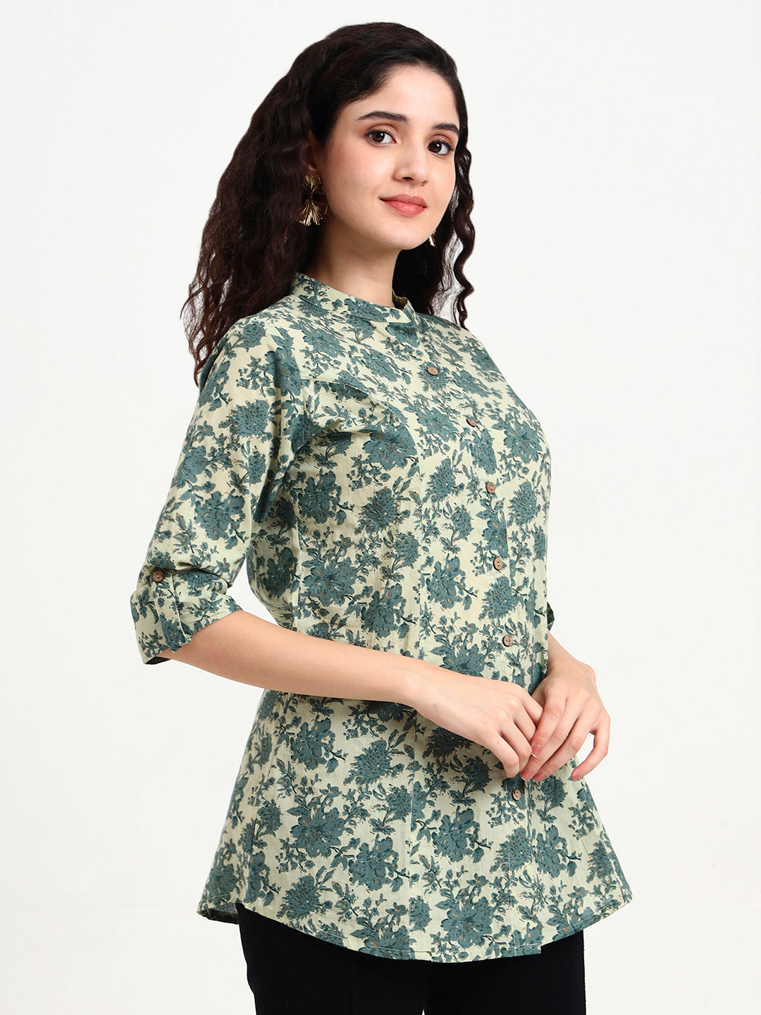 Divena Green Floral Print Cotton Top