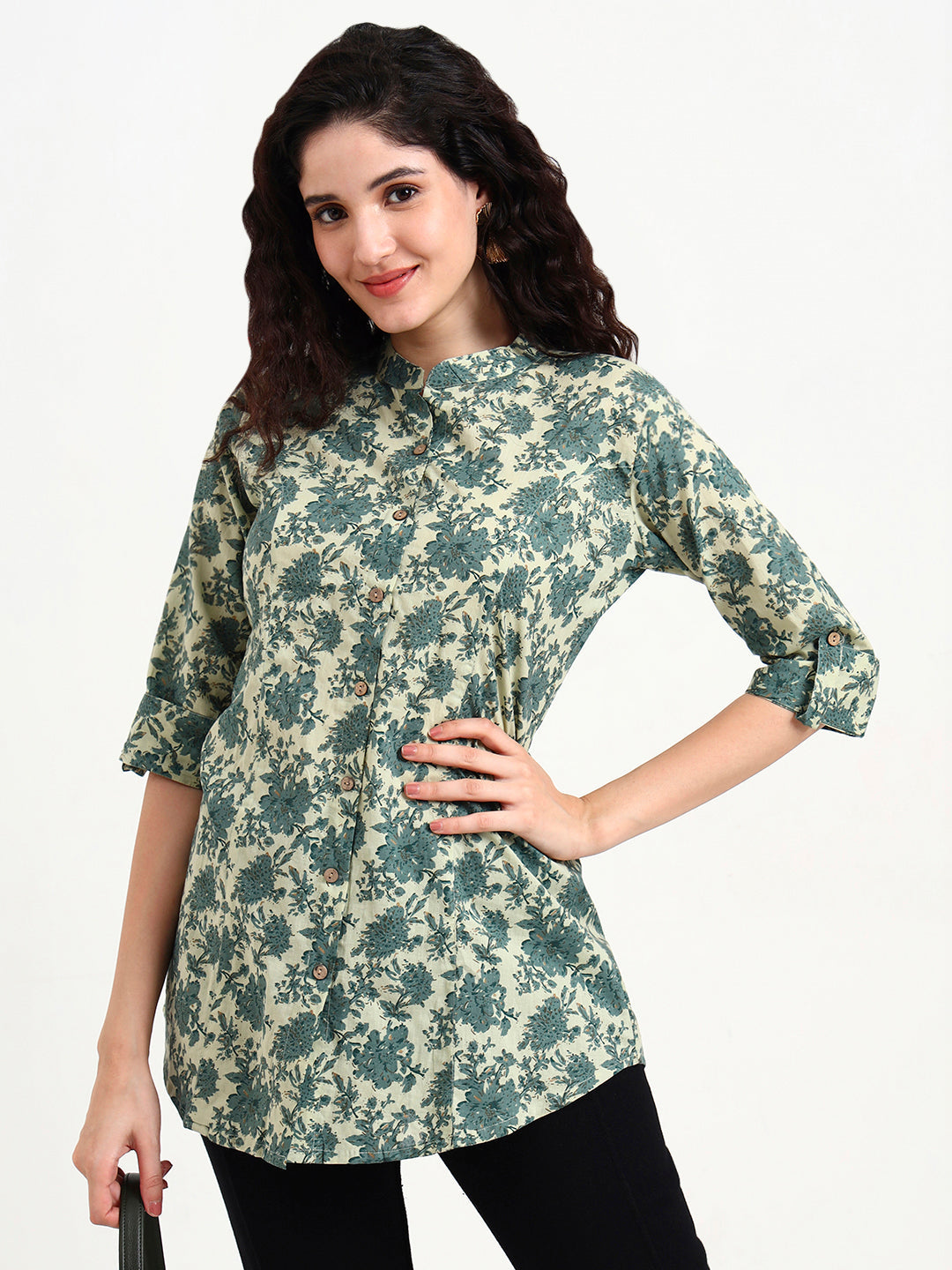 Divena Green Floral Print Cotton Top