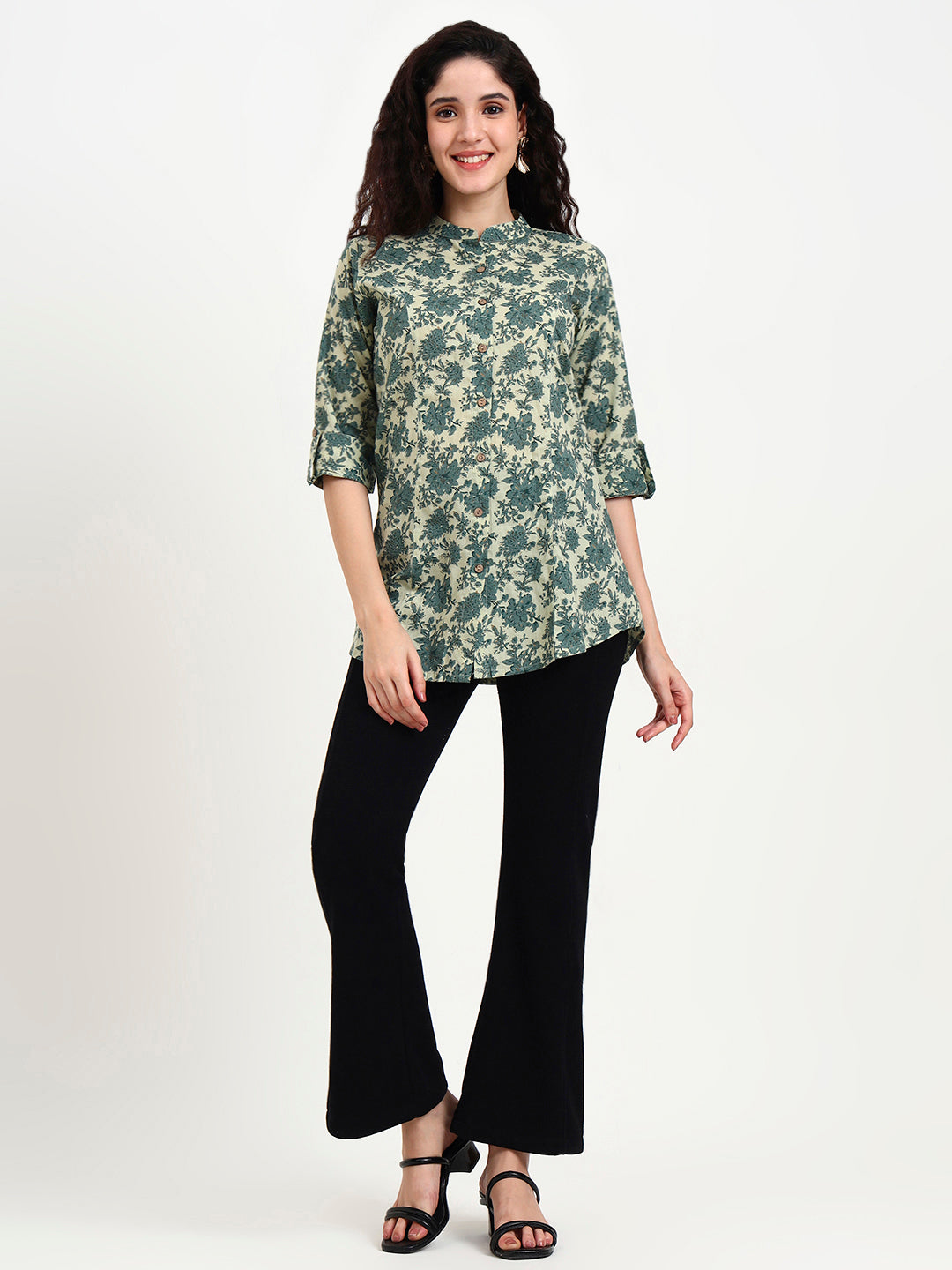 Divena Green Floral Print Cotton Top