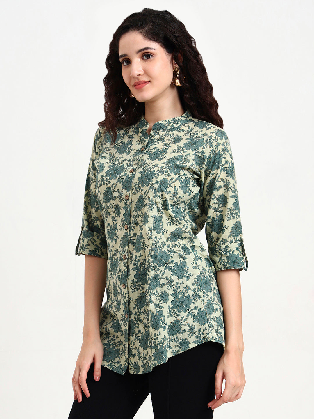 Divena Green Floral Print Cotton Top
