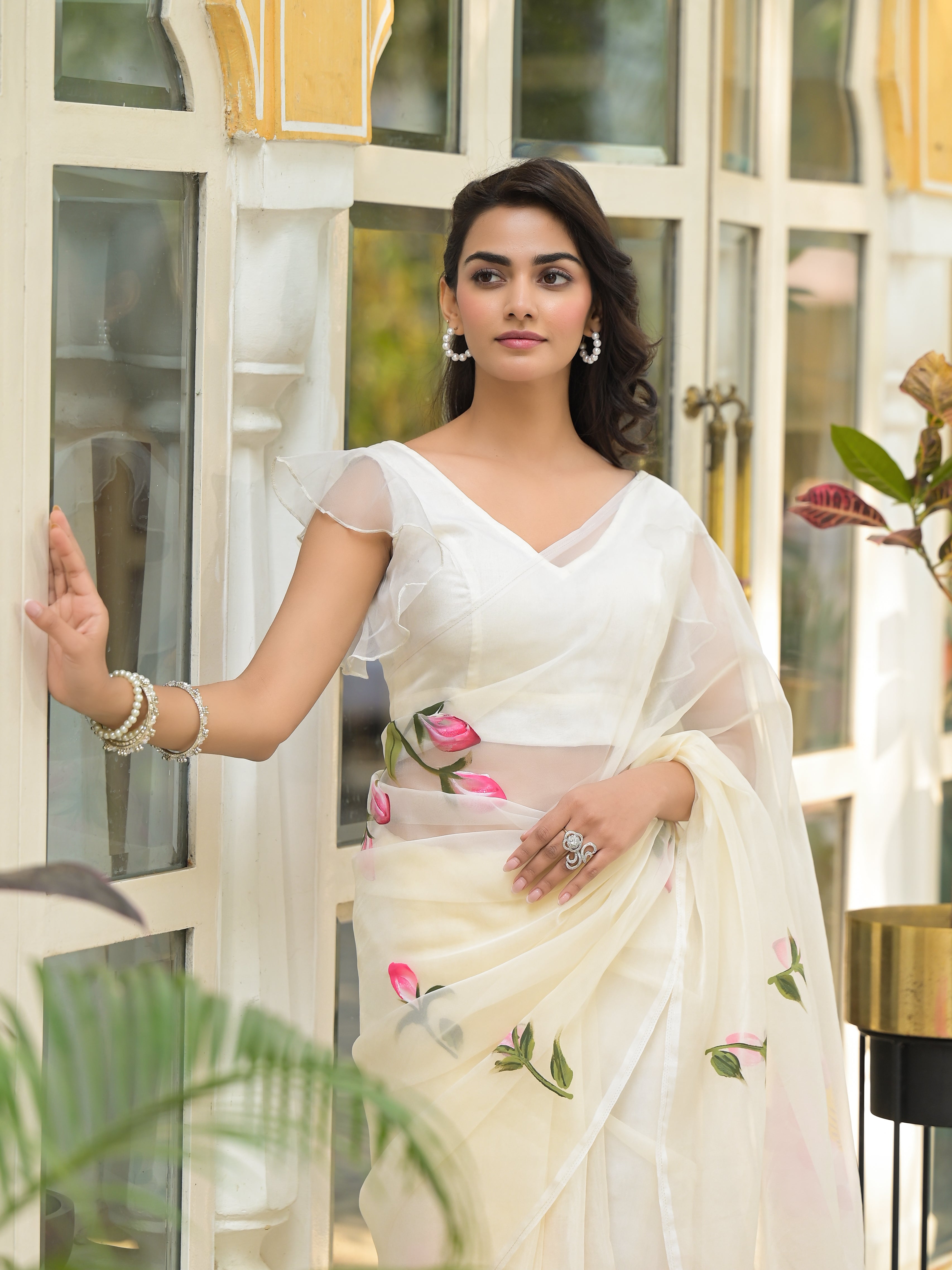 Divena Cream Hand-painted Organza Saree