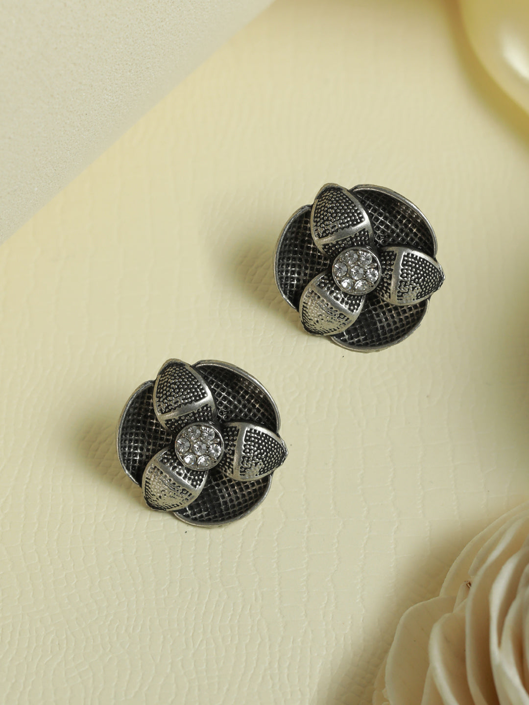 Women Floral Oxidised Silver Stud Earrings