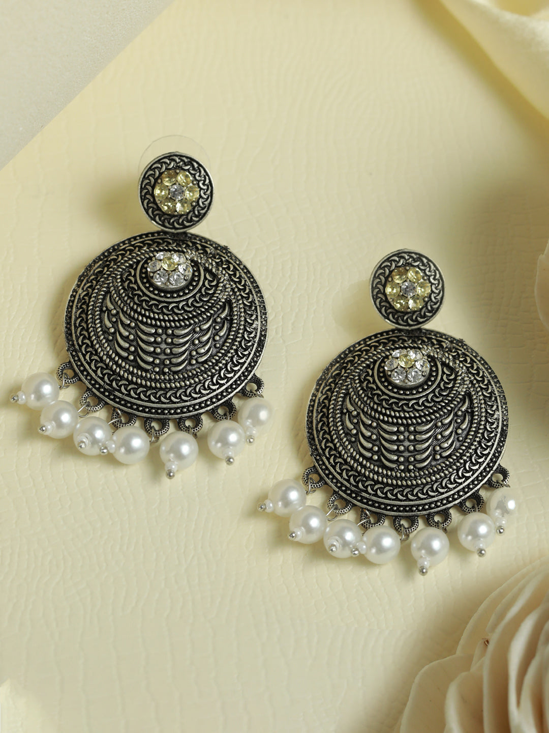Women Floral Oxidised Silver Pearl Drop Earrings