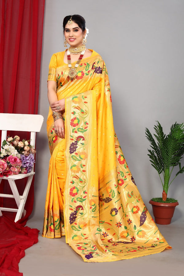 Women Wedding Wear Jari Weaving Paithani Silk Saree with Un Stitched Blouse | WomensFashionFun.com