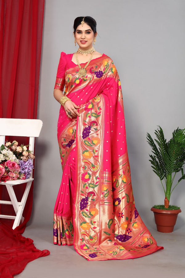 Women Wedding Wear Jari Weaving Paithani Silk Saree with Un Stitched Blouse | WomensFashionFun.com