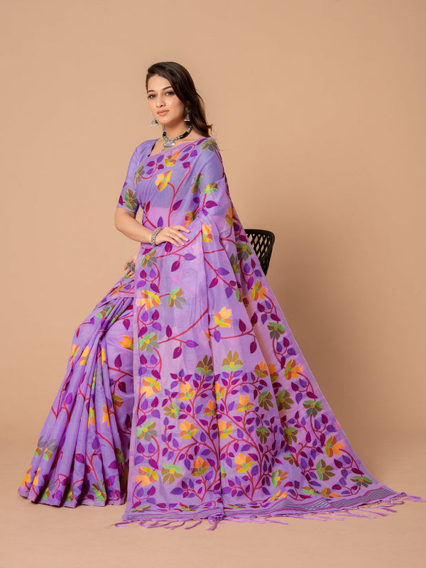 Women Party Wear Flower Printed Jamdani Cotton Saree with Un Stitched Blouse | womensfashionfun