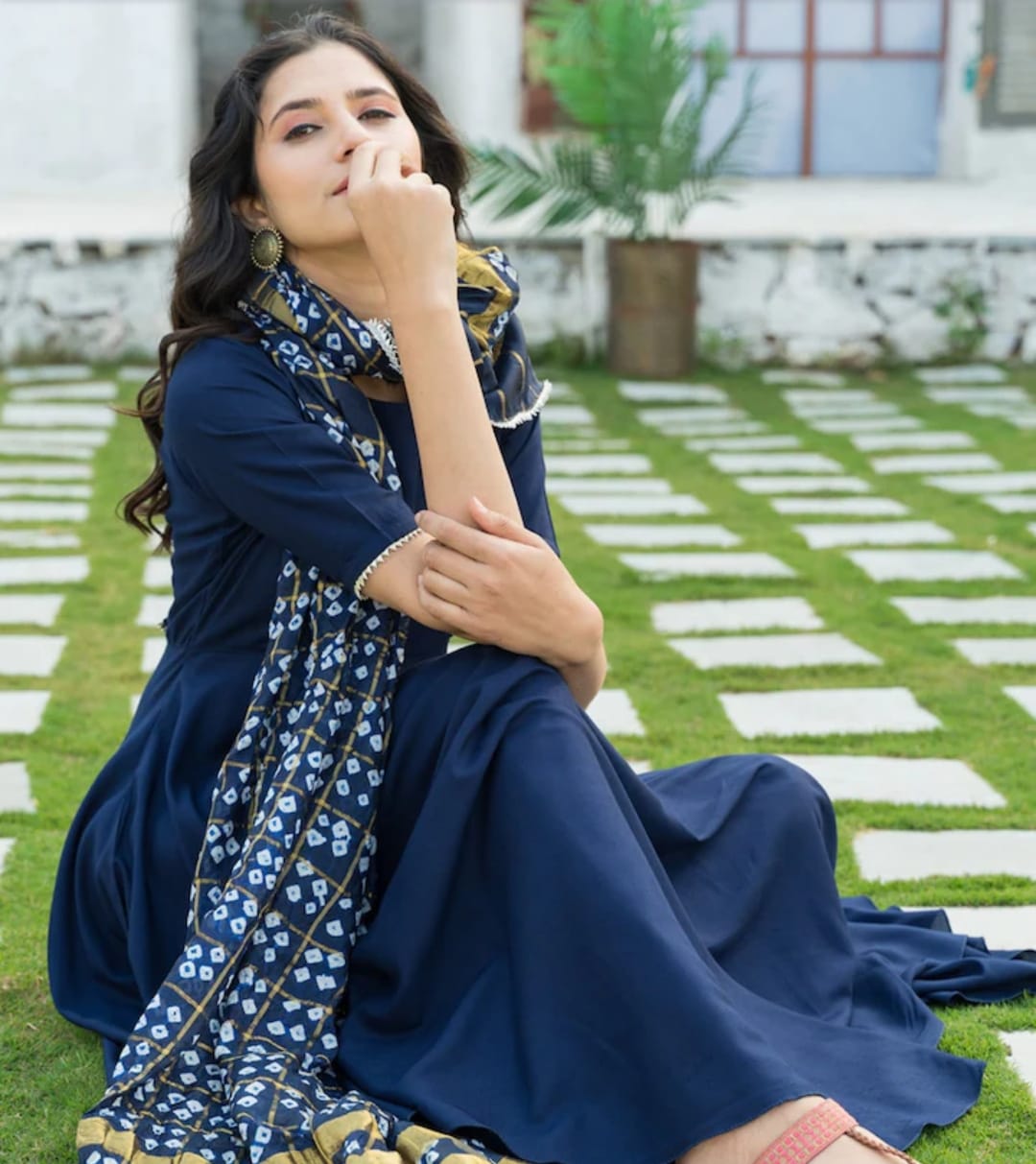BLUE KURTA SET WITH BANDEJ DUPATTA Anarkali Salwar Suit