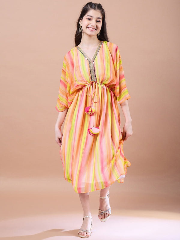 Girls Striped Georgette V-Neck Kimono Sleeves A-Line Midi Dress | WomensFashionFun.com