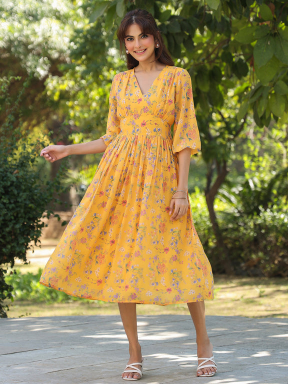Mustard Georgette Partywear Solid Dresses