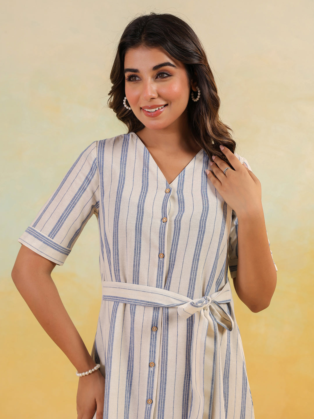 Janasya Women's White & Blue Cotton Striped Button Down A-line Dress