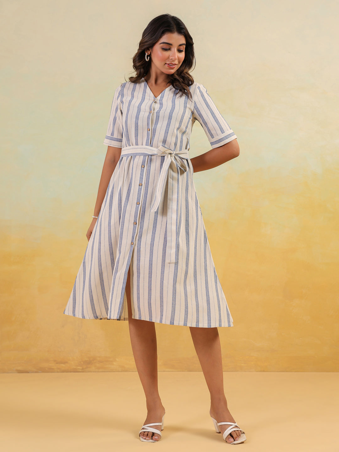 Janasya Women's White & Blue Cotton Striped Button Down A-line Dress