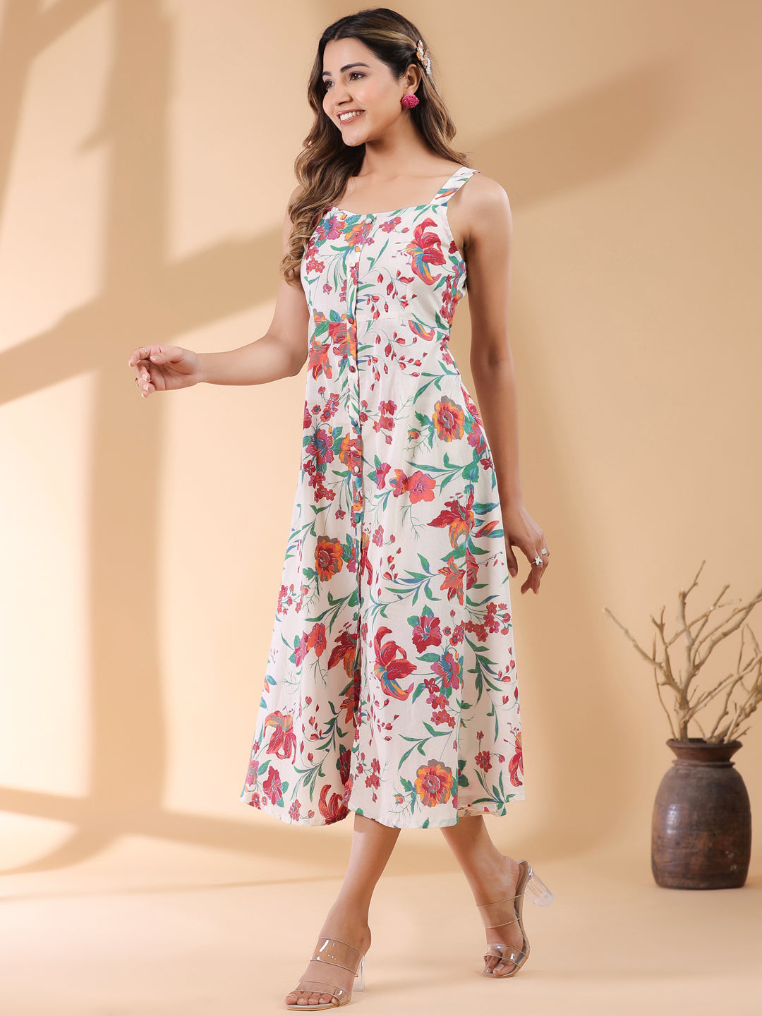 Off White Pure Cotton Floral Printed A-line Dress