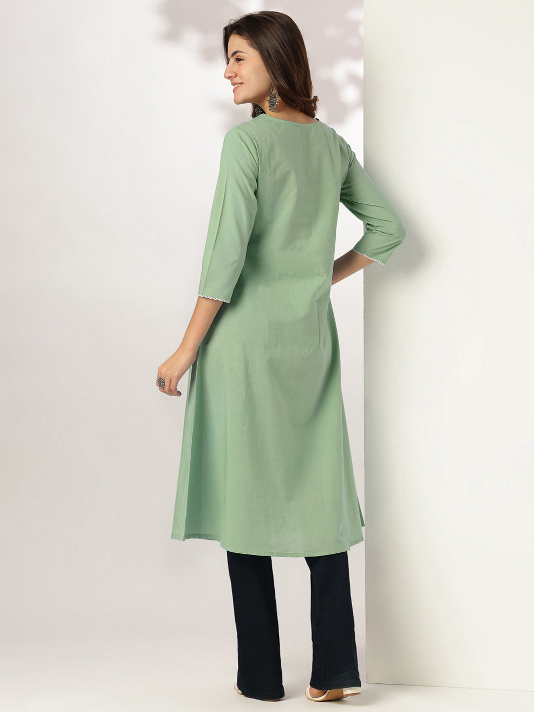 Janasya Women's Light Green Pure Cotton Yoke Embroidery A-line Kurta