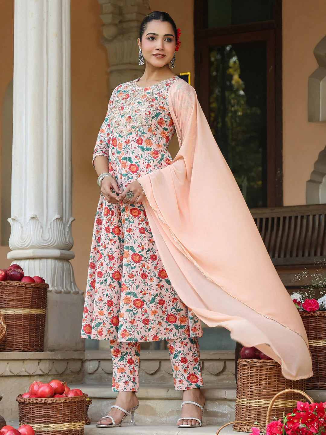 Plus Size Peach Pure Cotton Floral Printed Zari Embroidered Anarkali Kurta Set