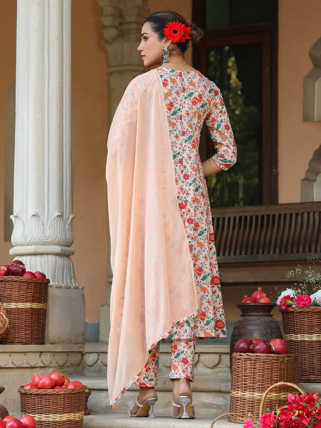 Plus Size Peach Pure Cotton Floral Printed Zari Embroidered Anarkali Kurta Set