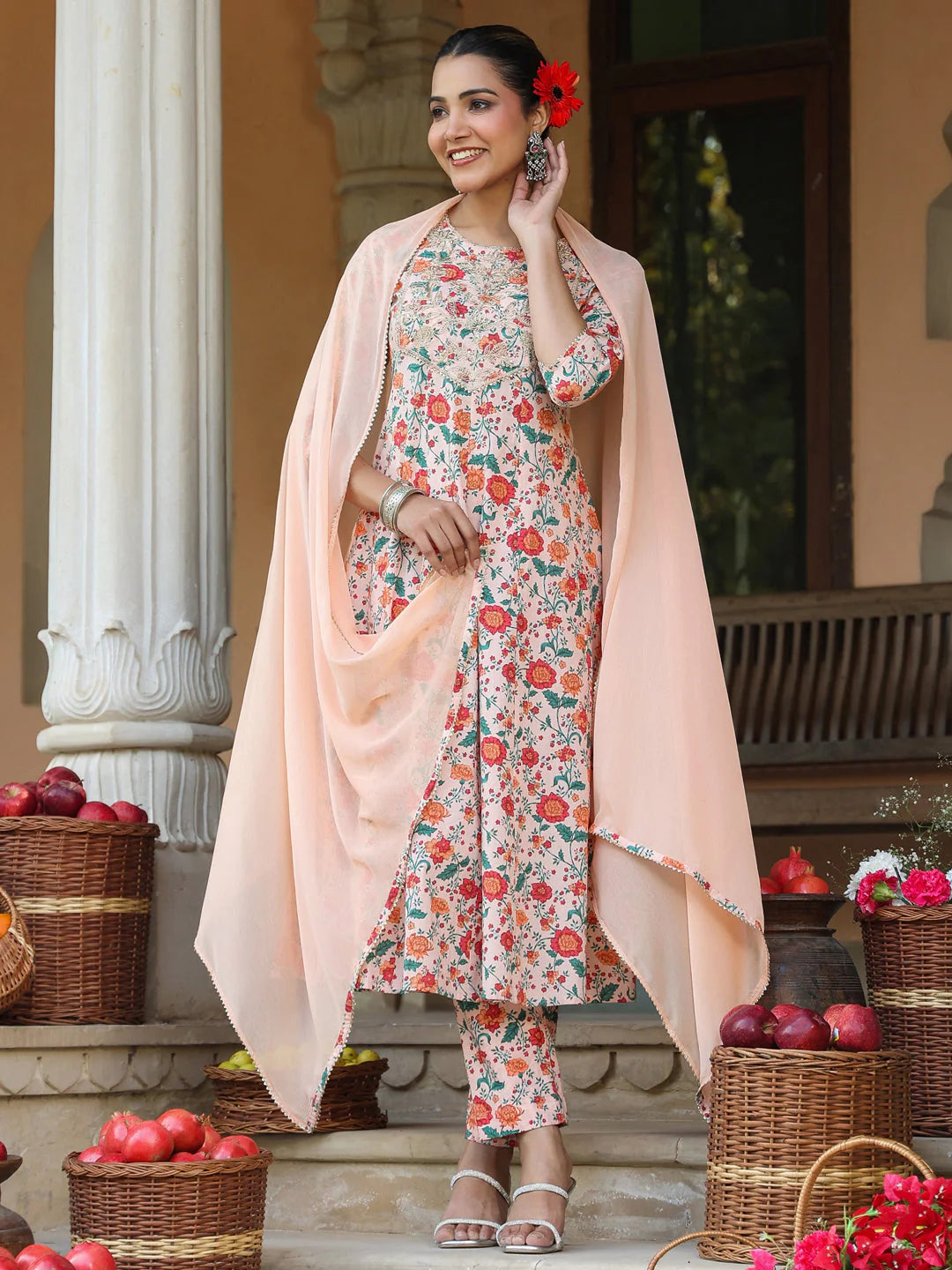 Plus Size Peach Pure Cotton Floral Printed Zari Embroidered Anarkali Kurta Set