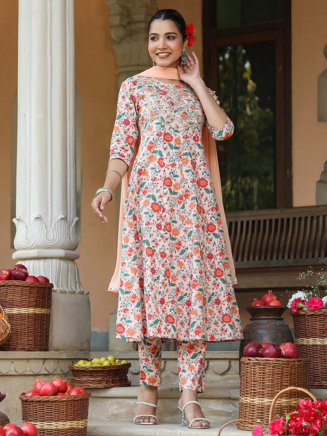 Plus Size Peach Pure Cotton Floral Printed Zari Embroidered Anarkali Kurta Set