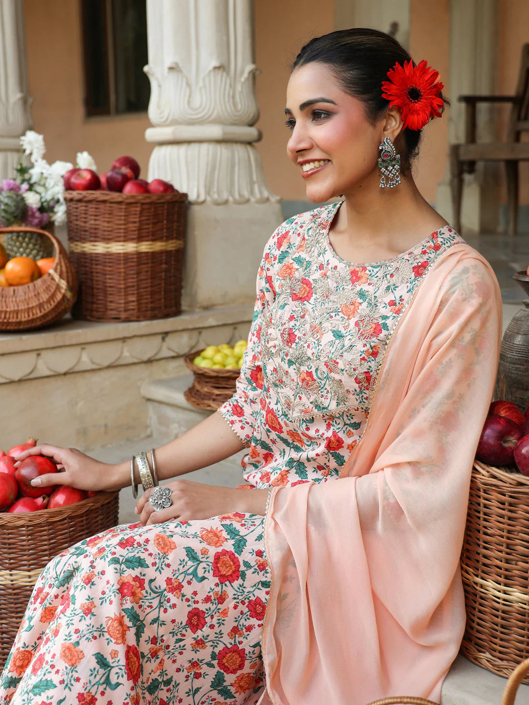 Plus Size Peach Pure Cotton Floral Printed Zari Embroidered Anarkali Kurta Set