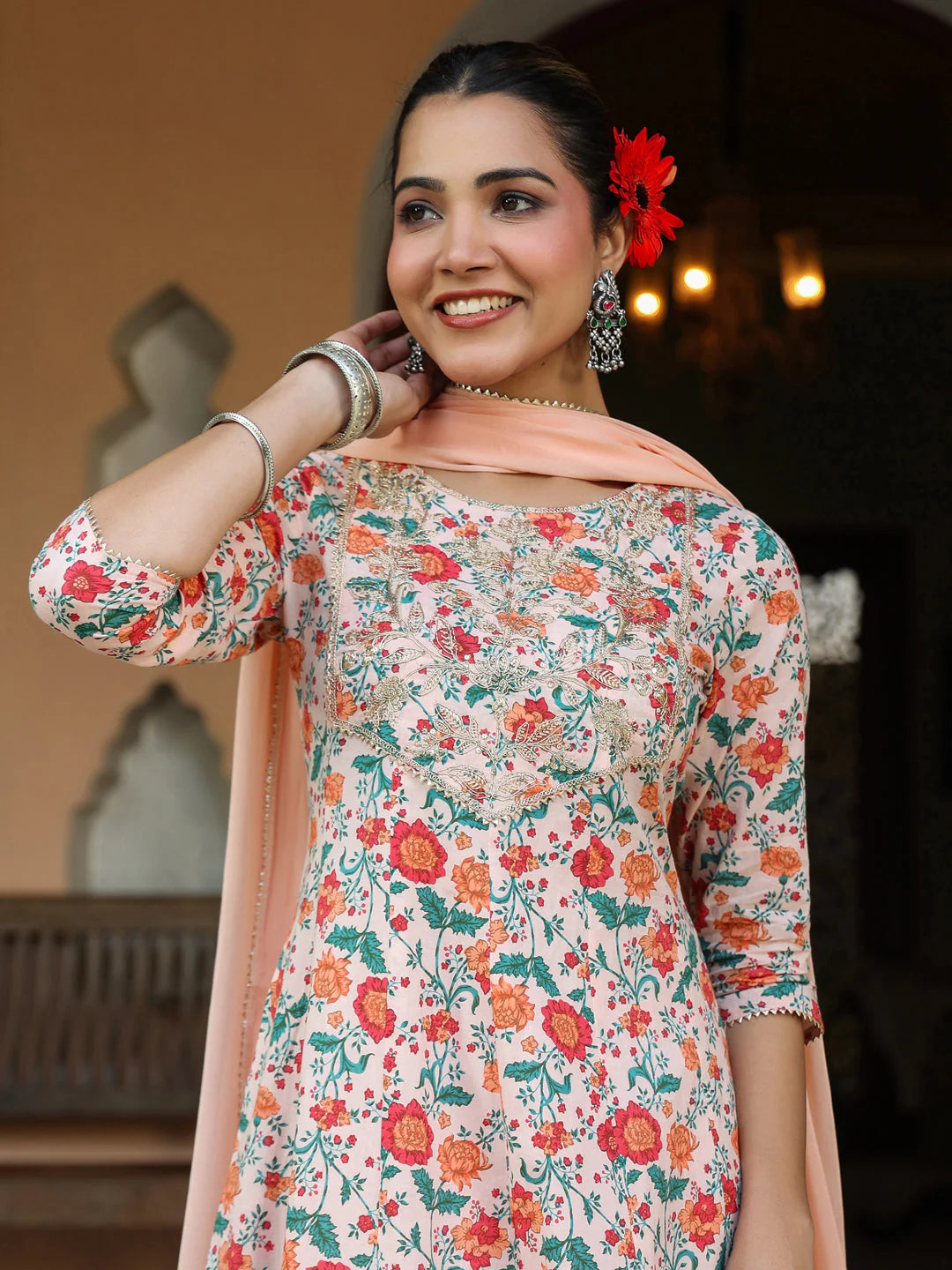 Plus Size Peach Pure Cotton Floral Printed Zari Embroidered Anarkali Kurta Set