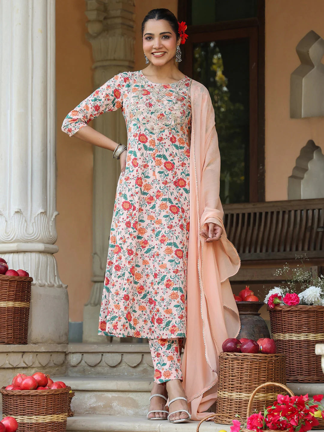 Plus Size Peach Pure Cotton Floral Printed Zari Embroidered Anarkali Kurta Set