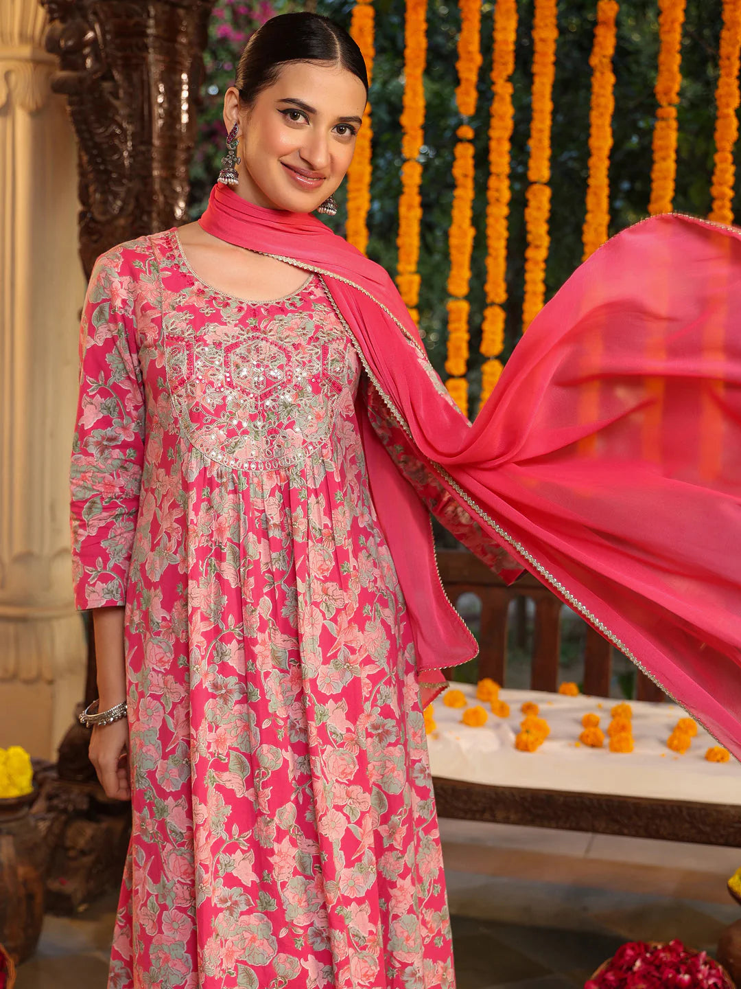 Plus Size Pink Pure Cotton Yoke Embroidered Floral Printed A-line Kurta Set