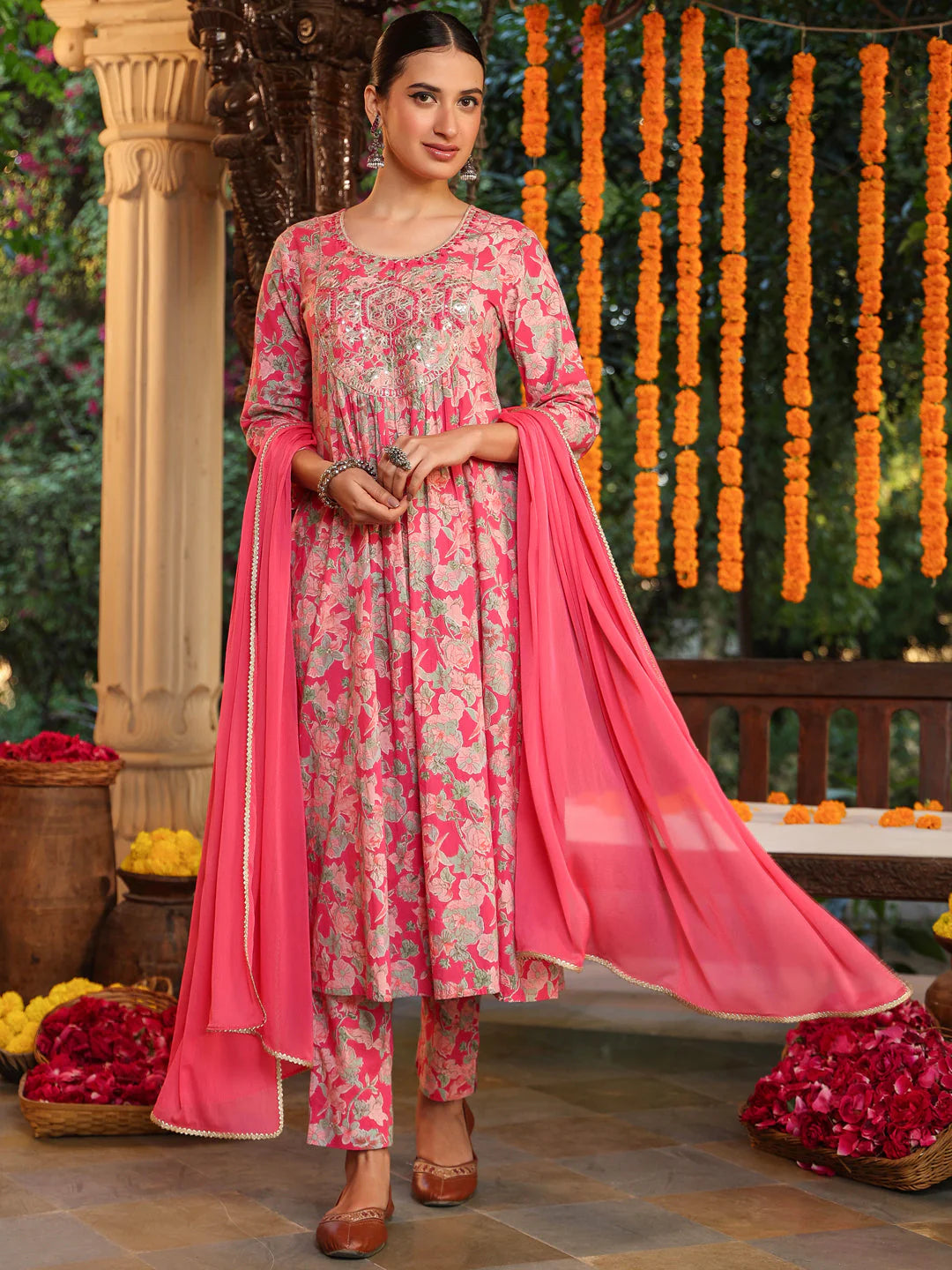 Plus Size Pink Pure Cotton Yoke Embroidered Floral Printed A-line Kurta Set
