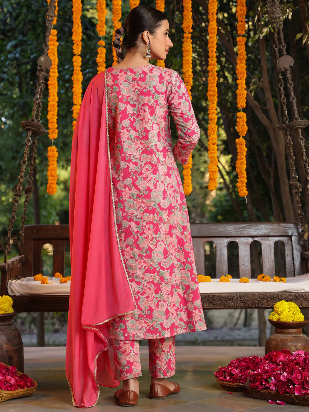 Plus Size Pink Pure Cotton Yoke Embroidered Floral Printed A-line Kurta Set