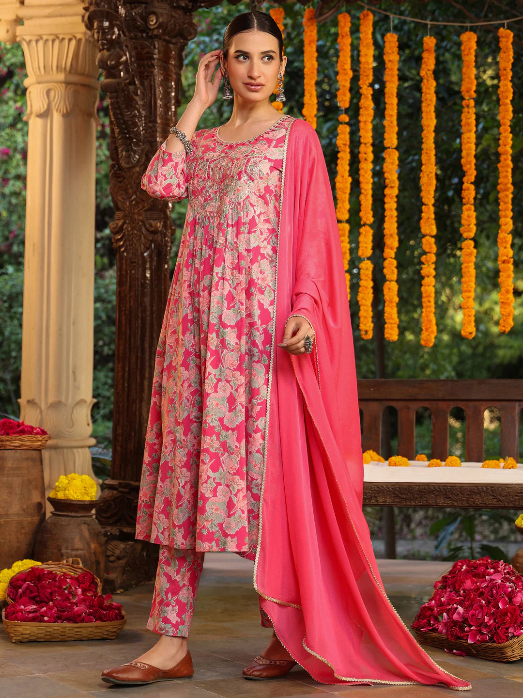 Plus Size Pink Pure Cotton Yoke Embroidered Floral Printed A-line Kurta Set