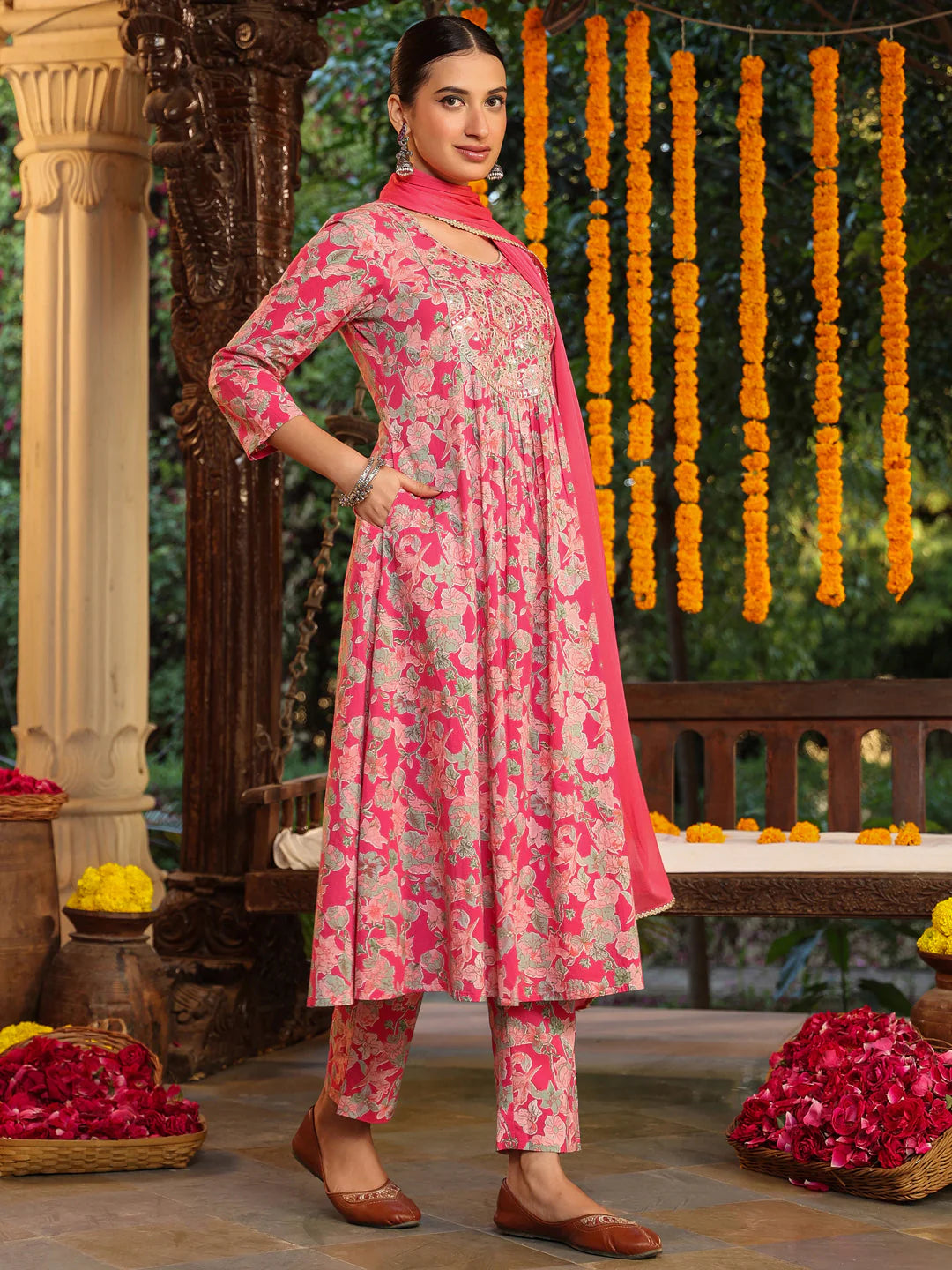 Plus Size Pink Pure Cotton Yoke Embroidered Floral Printed A-line Kurta Set