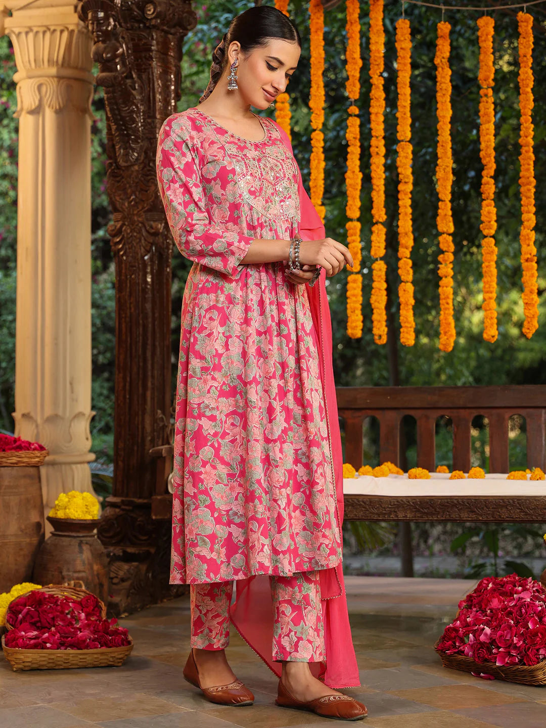 Plus Size Pink Pure Cotton Yoke Embroidered Floral Printed A-line Kurta Set