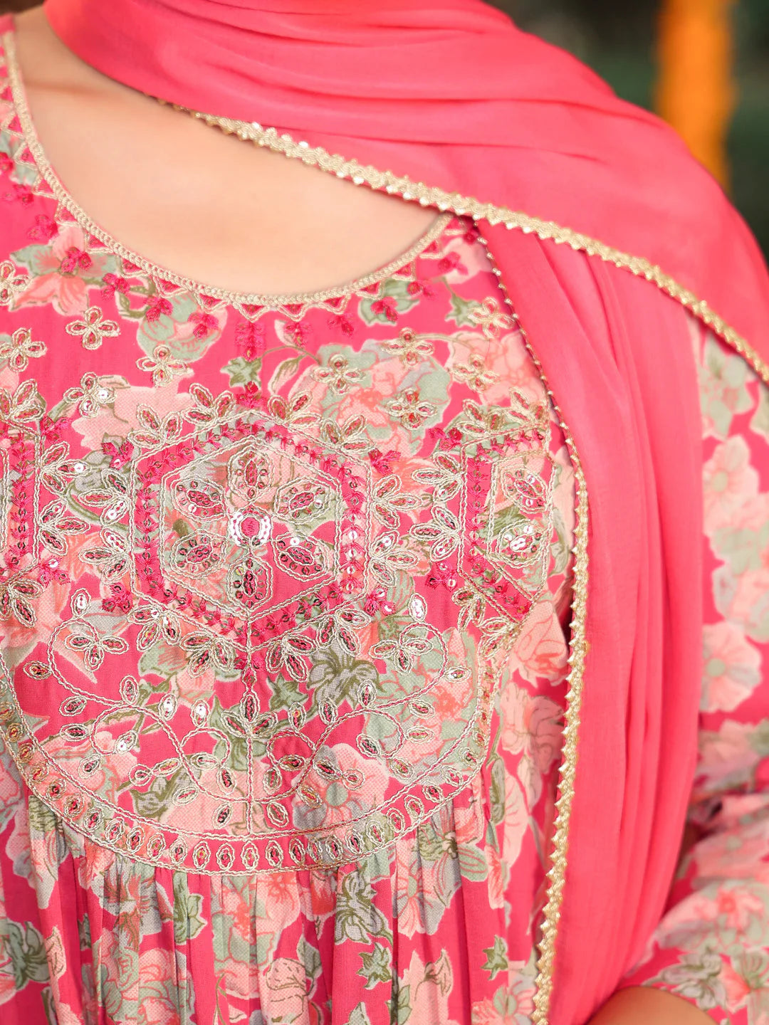 Plus Size Pink Pure Cotton Yoke Embroidered Floral Printed A-line Kurta Set