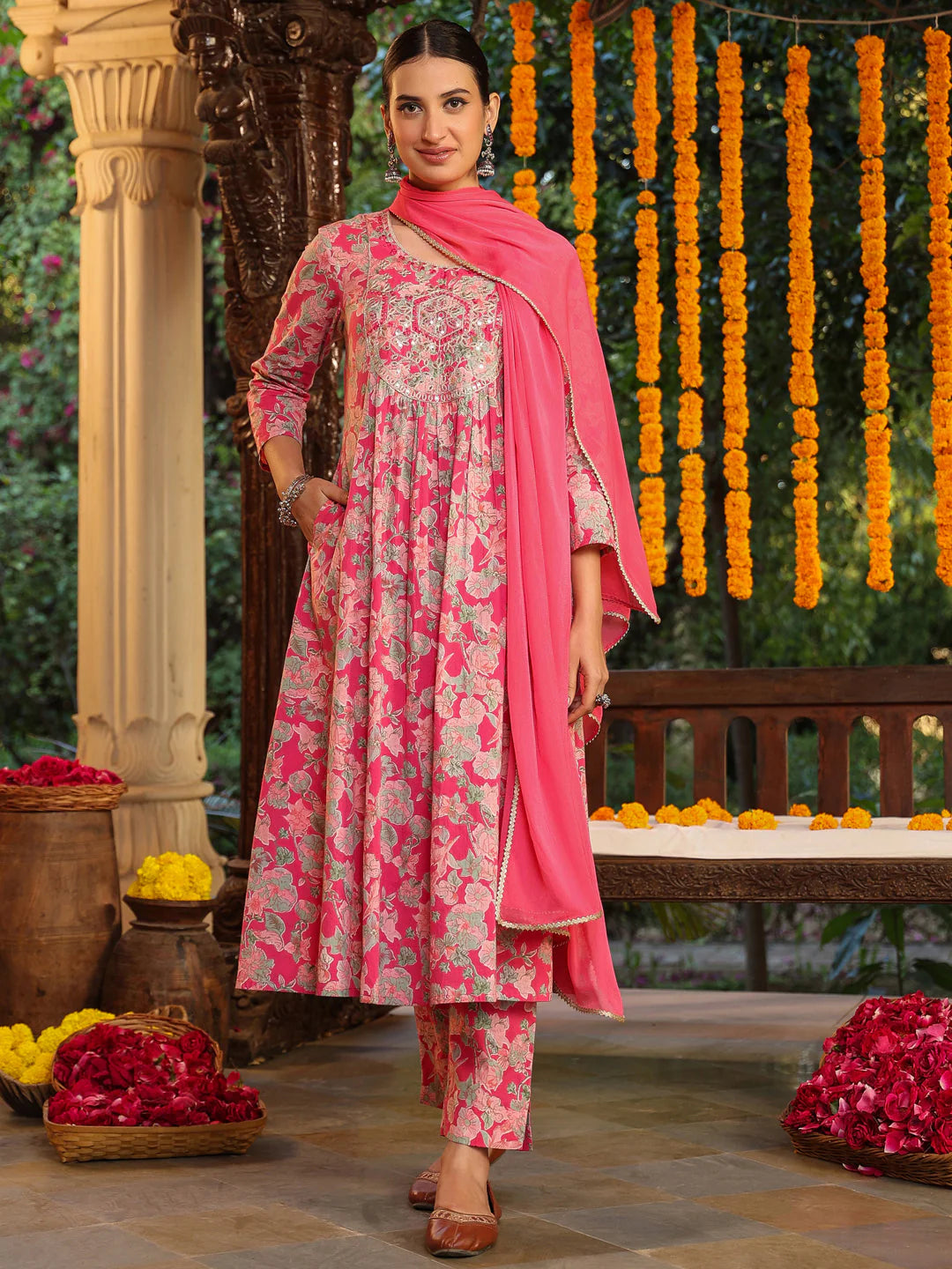 Plus Size Pink Pure Cotton Yoke Embroidered Floral Printed A-line Kurta Set