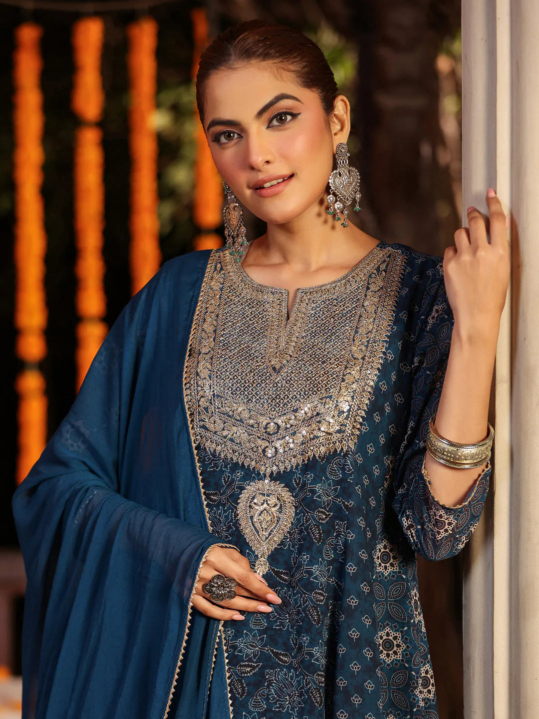 Plus Size Dark Blue Georgette Ajrakh Printed Embellished Anarkali Kurta Set