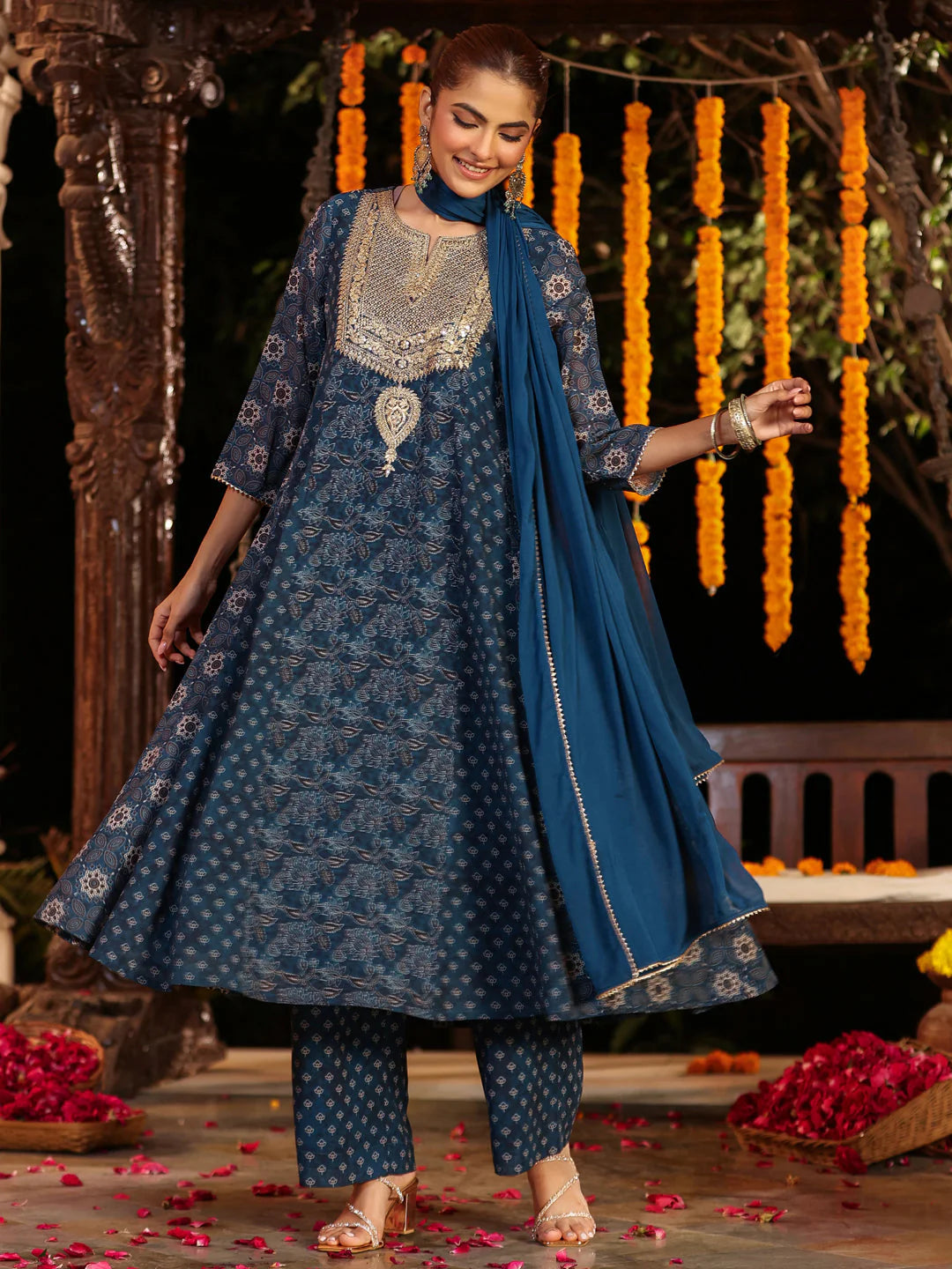 Plus Size Dark Blue Georgette Ajrakh Printed Embellished Anarkali Kurta Set