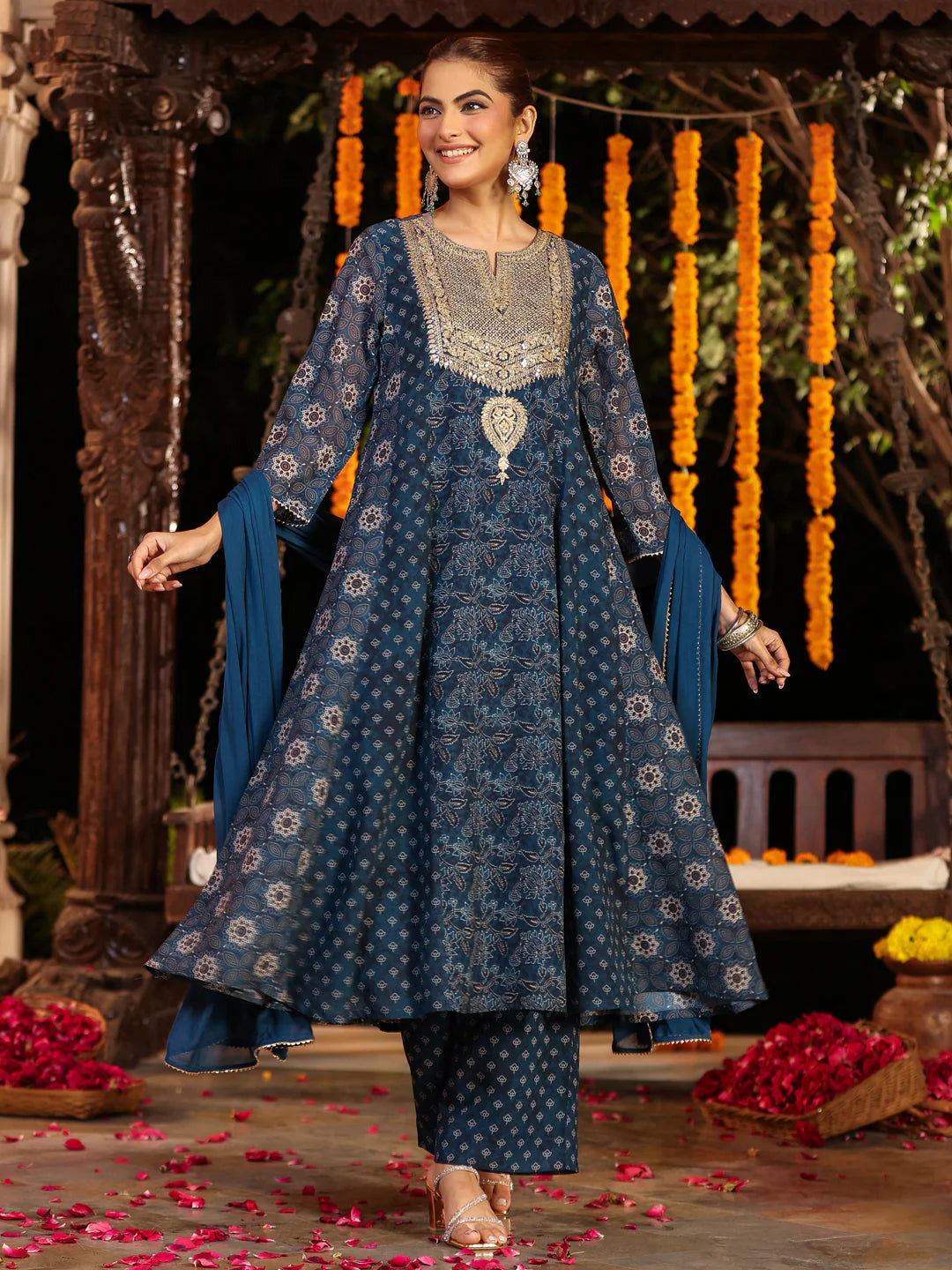 Plus Size Dark Blue Georgette Ajrakh Printed Embellished Anarkali Kurta Set