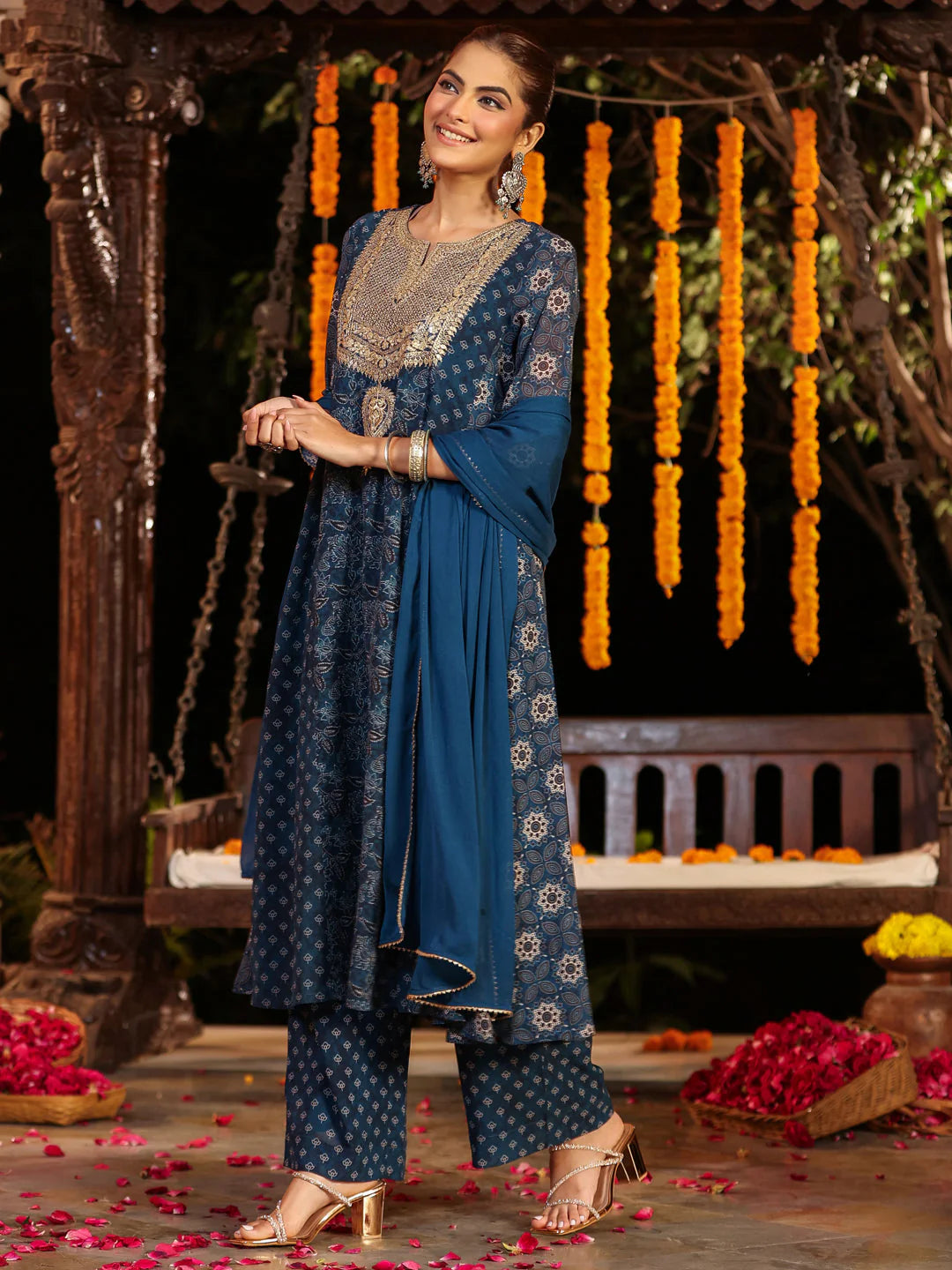 Plus Size Dark Blue Georgette Ajrakh Printed Embellished Anarkali Kurta Set