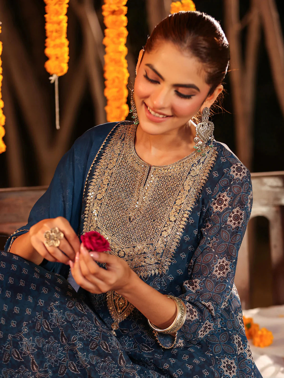 Plus Size Dark Blue Georgette Ajrakh Printed Embellished Anarkali Kurta Set