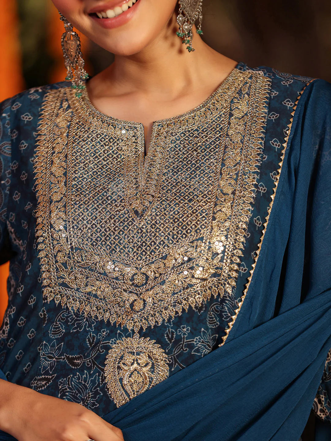 Plus Size Dark Blue Georgette Ajrakh Printed Embellished Anarkali Kurta Set