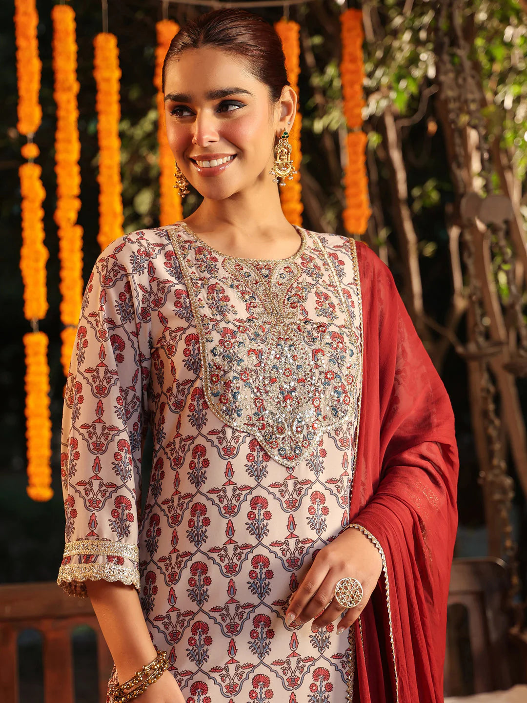 Plus Size Cream & Maroon Georgette Embroidered Ajrakh Printed Straight Kurta Set