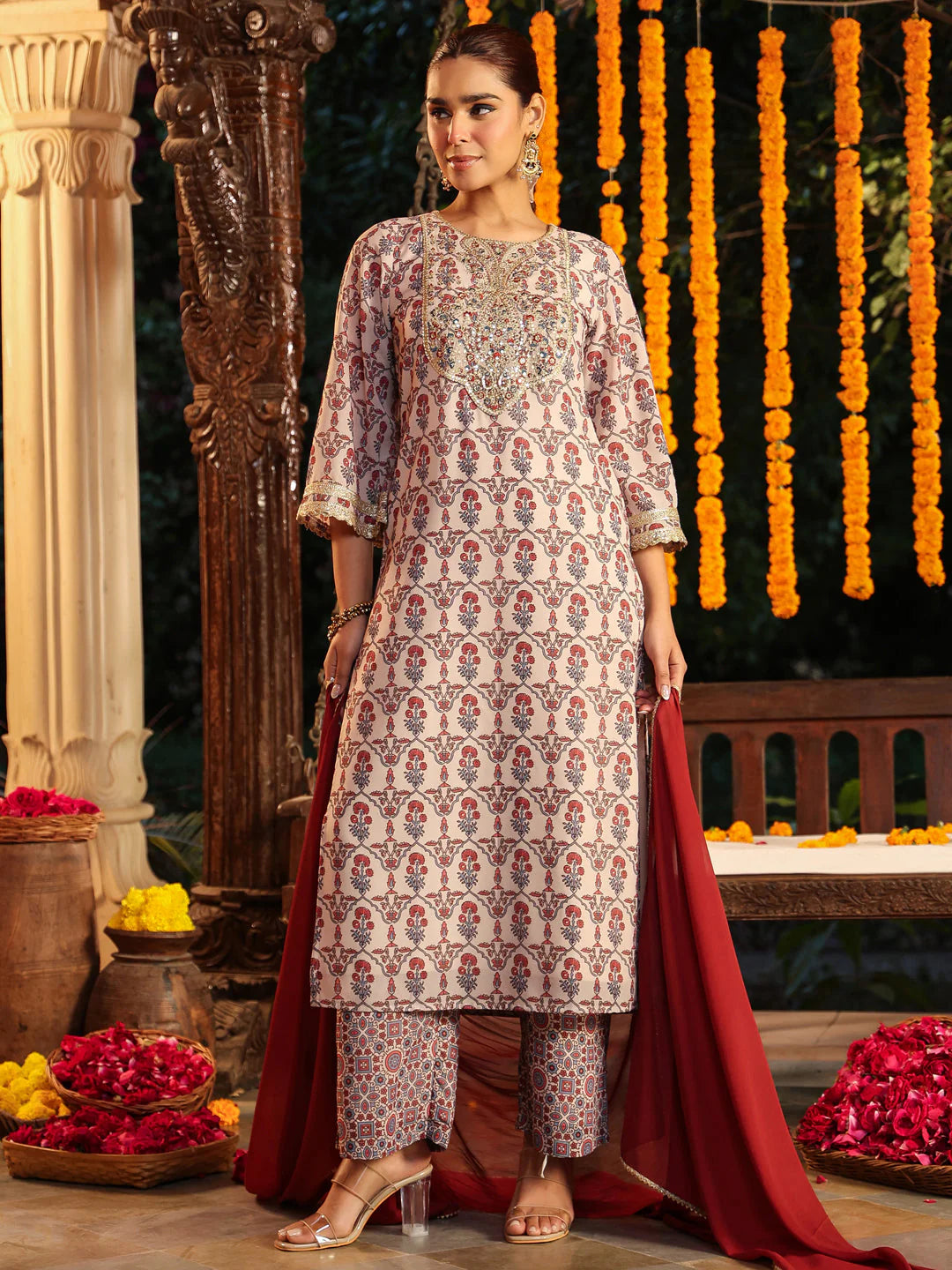 Plus Size Cream & Maroon Georgette Embroidered Ajrakh Printed Straight Kurta Set